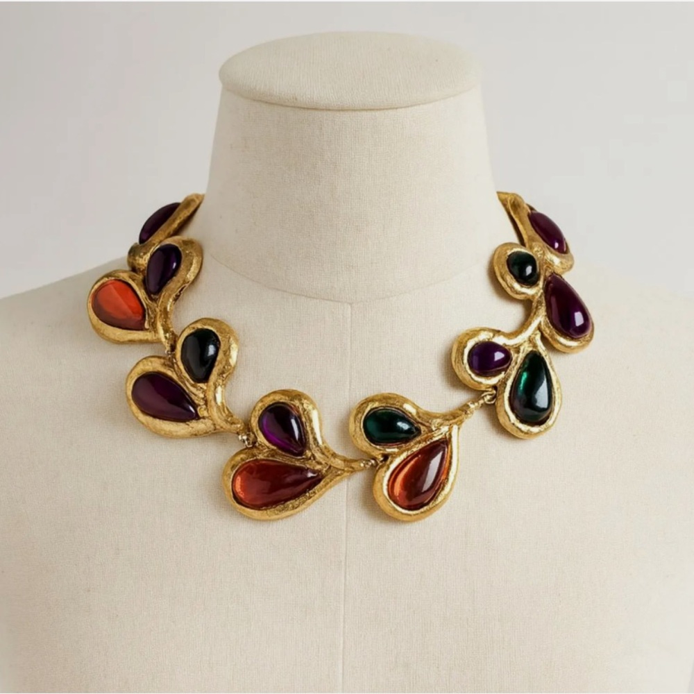 Vintage Large Jelly Belly Gold Finish Necklace Clear & Purple Teardrops